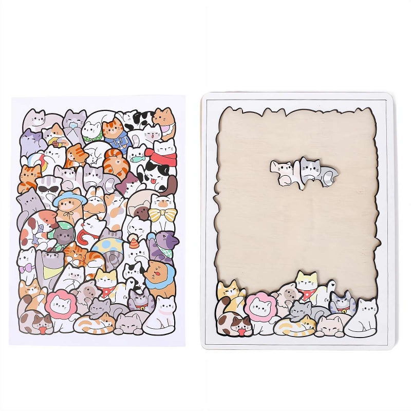 50-Piece Wooden Animal Puzzles,Irregular Wooden Puzzle (Cat/Dinosaur/Bear),Wood Toy Animal Puzzle,Cute Animal Cats Wood Puzzles,Premium Challenging Brain Teaser & Stress Relief Gift - Image 1